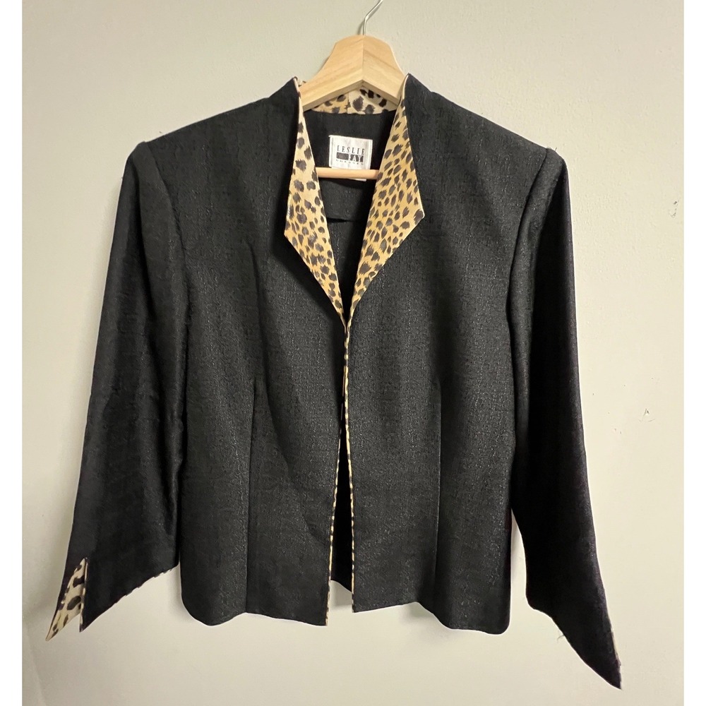 Vintage Leslie Fay Leopard Trim Blazer Jacket Size 12 Black Textured